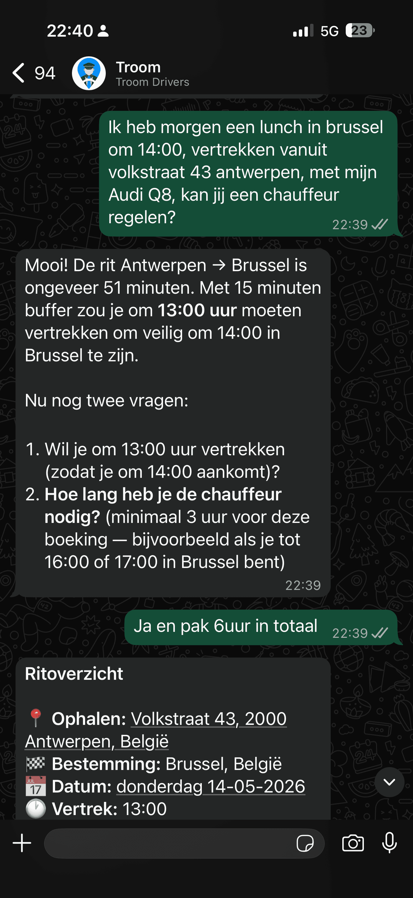 Troom WhatsApp booking conversation, step 1