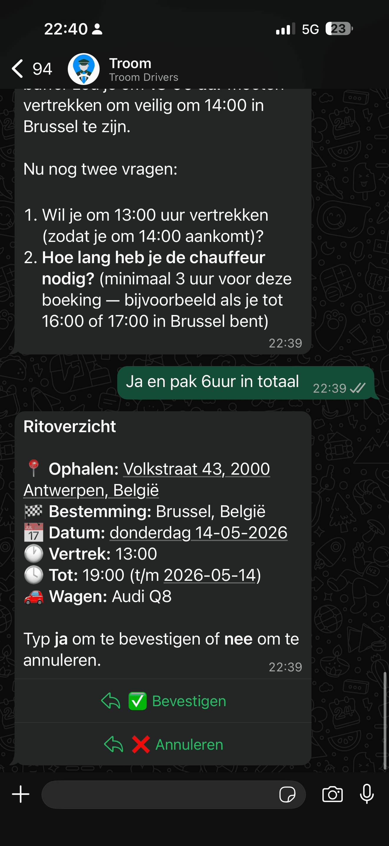 Troom WhatsApp booking conversation, step 2